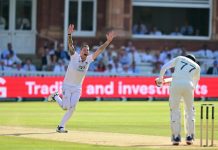 Brydon Carse celebrating after taking wickets of Shubman Gill on Sunday.