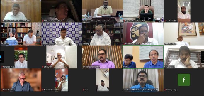 In this screengrab from a video posted by @Jairam_Ramesh via X on July 19, 2025, Jammu and Kashmir Chief Minister Omar Abdullah, Congress President Mallikarjun Kharge, Jharkhand Chief Minister Hemant Soren, Shiv Sena (UBT) chief Uddhav Thackeray and other leaders of the INDIA bloc parties during a virtual meeting ahead of the Monsoon session of the Parliament.