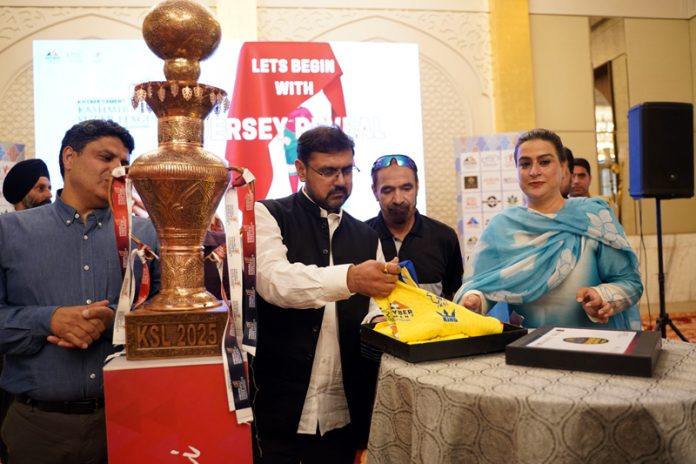 Sports Minister Satish Sharma unveiling trophy and jersey of Kashmir Premier League 2025.