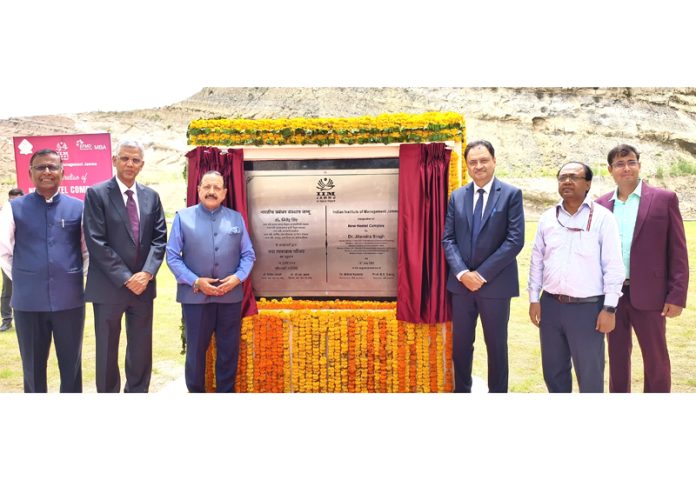 Union Minister Dr Jitendra Singh inaugurating the new hostel complex comprising four blocks at IIM Jammu on Monday. Aso seen is Director IIM Prof Sahay.