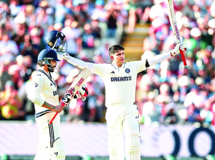 Shubman Gill raising his bat after scoring hundred against England at Birmingham.