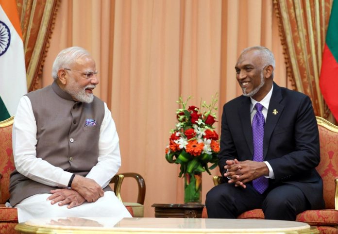 PM Narendra Modi in a meeting with Maldivian President Mohamed Muizzu, in Male on Friday. PM Narendra Modi in a meeting with Maldivian President Mohamed Muizzu, in Male on Friday.