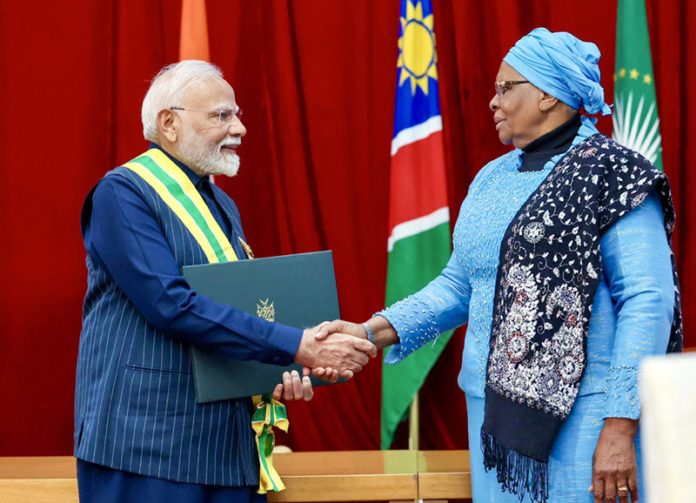 PM Narendra Modi being conferred with Namibia’s highest civilian award by Namibian President Netumbo Nandi-Ndaitwah at Windhoek on Wednesday.