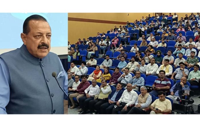 Union Minister Dr Jitendra Singh addressing a meeting at IIT Jammu on Monday.