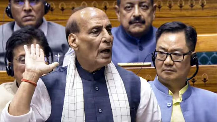 Defence Minister Rajnath Singh speaking in the Rajya Sabha.