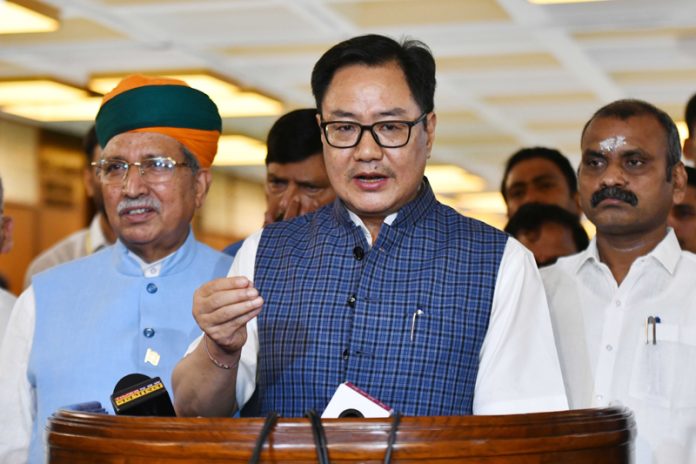 Union Minister for Parliamentary Affairs Kiren Rijiju addresses media after attending the all-party meeting ahead of the Monsoon session of Parliament, in New Delhi on Sunday. (UNI) Union Minister for Parliamentary Affairs Kiren Rijiju addresses media after attending the all-party meeting ahead of the Monsoon session of Parliament, in New Delhi on Sunday. (UNI)