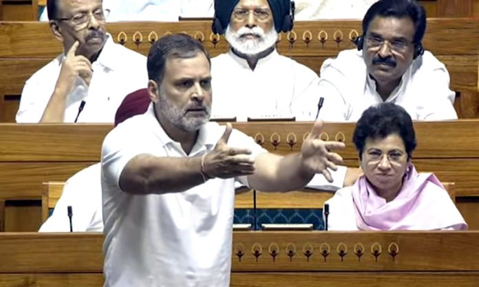 Congress leader Rahul Gandhi speaks in the Lok Sabha on Tuesday.(UNI)