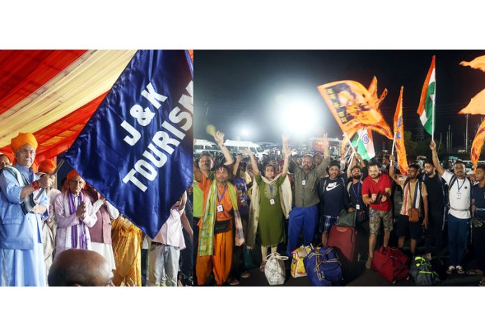 LG Manoj Sinha flagging off pilgrims at Bhagwati Nagar, Jammu on Wednesday morning. -Excelsior/Rakesh LG Manoj Sinha flagging off pilgrims at Bhagwati Nagar, Jammu on Wednesday morning. -Excelsior/Rakesh