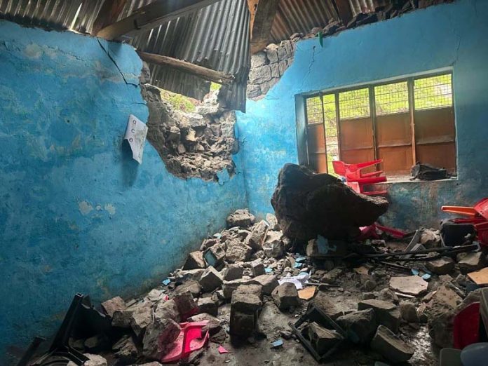 A view of damaged Govt school due to falling of boulder at Bhainch in Poonch district on Monday. -Excelsior/Waseem