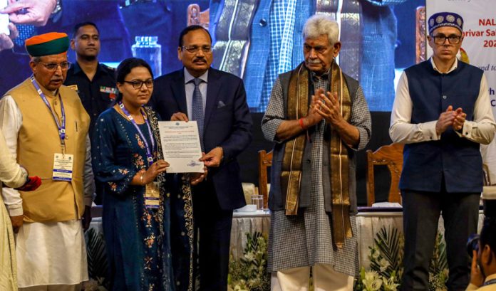 Union Law Minister Arjun Ram Meghwal, Supreme Court Judge Justice Surya Kant along with LG Manoj Sinha and CM Omar Abdullah during the North Zone Regional Conference of NLSA at SKICC in Srinagar on Saturday. —Excelsior/Shakeel Union Law Minister Arjun Ram Meghwal, Supreme Court Judge Justice Surya Kant along with LG Manoj Sinha and CM Omar Abdullah during the North Zone Regional Conference of NLSA at SKICC in Srinagar on Saturday. —Excelsior/Shakeel