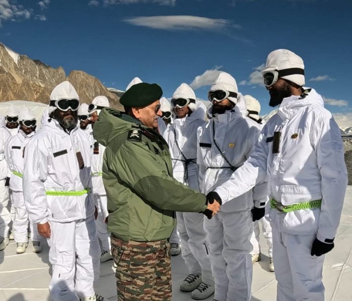 Army chief Gen Upendra Dwivedi meeting soldiers at Siachen Glacier on Sunday. Army chief Gen Upendra Dwivedi meeting soldiers at Siachen Glacier on Sunday.