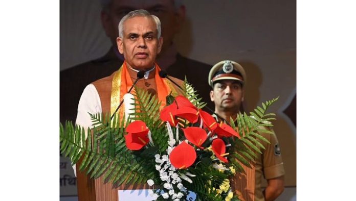 Gujarat Governor Acharya Devvrat addressing during an event in Jammu on Sunday.