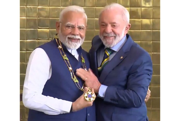 PM Narendra Modi being conferred with Brazil’s highest civilian award in Brasilia on Tuesday. PM Narendra Modi being conferred with Brazil’s highest civilian award in Brasilia on Tuesday.
