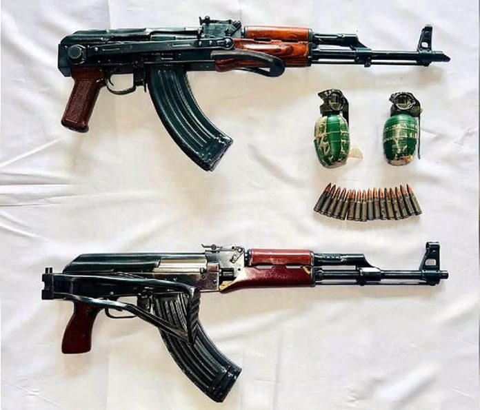 AK 47 rifles with 16 live catridges and hand grenades recovered from a forest area in Gurdaspur. AK 47 rifles with 16 live catridges and hand grenades recovered from a forest area in Gurdaspur.