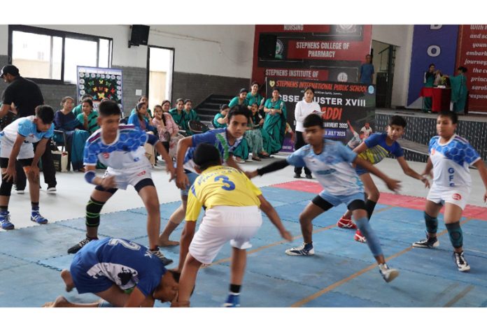 Kabaddi players in action during a match.