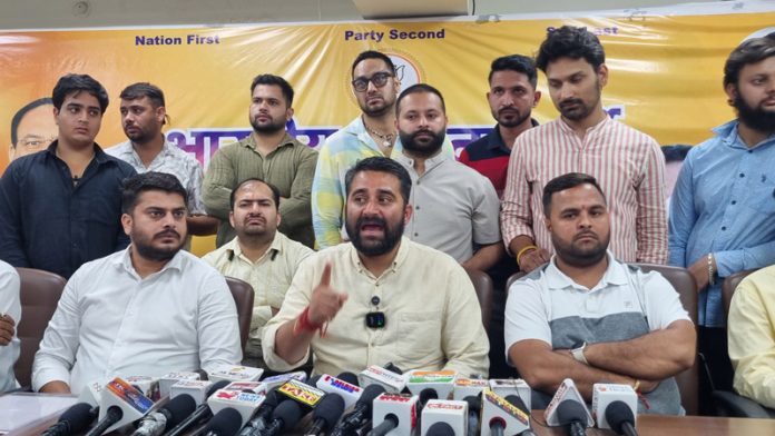 BJYM president, Arun Prabhat Singh along with other office bearers at a press conference at Jammu on Friday. — Excelsior/ Rakesh