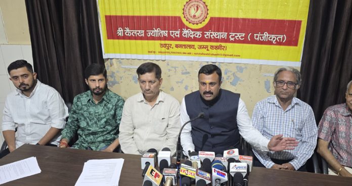 Mahant Rohit Shastri, president SKJAVST along with others addressing a press conference at Jammu on Friday. — Excelsior/Rakesh Mahant Rohit Shastri, president SKJAVST along with others addressing a press conference at Jammu on Friday. — Excelsior/Rakesh