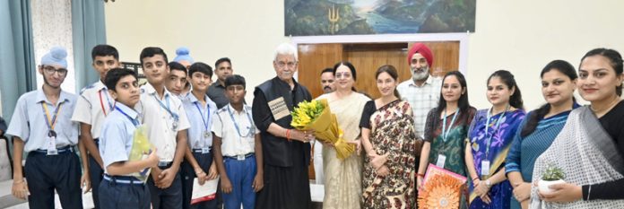 LG Manoj Sinha posing alonwith Children with Special Needs (CWSN) of Jammu Sanskriti School at Raj Bhawan on Saturday. LG Manoj Sinha posing alonwith Children with Special Needs (CWSN) of Jammu Sanskriti School at Raj Bhawan on Saturday.