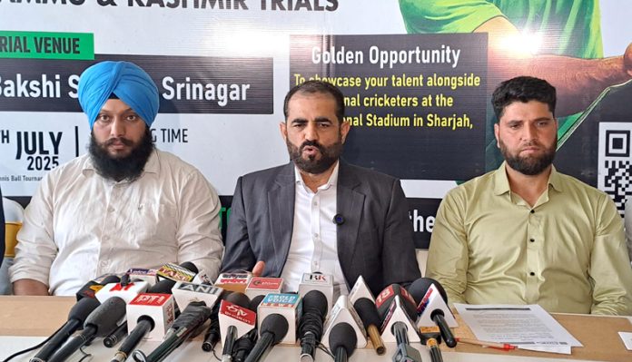 GTCL chairman, Amin Pathan addressing a press conference in Srinagar on Friday. - Excelsior/Shakeel
