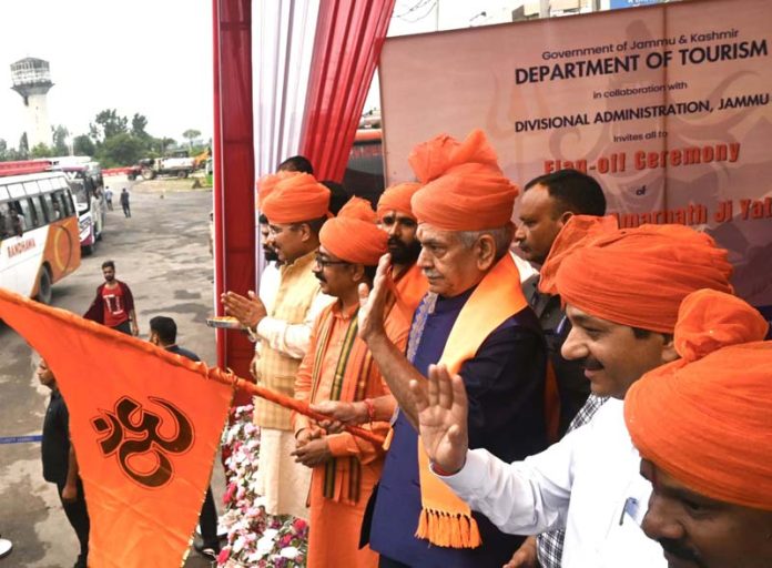 Lieutenant Governor Manoj Sinha flagging off the holy Shri Budha Amarnath Ji Yatra from Bhagwati Nagar Yatri Niwas on Monday.