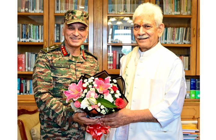 Lt Gen Rajiv Ghai, Deputy Chief of Army Staff (Strategy) and DGMO meeting Lieutenant Governor Manoj Sinha on Friday. Lt Gen Rajiv Ghai, Deputy Chief of Army Staff (Strategy) and DGMO meeting Lieutenant Governor Manoj Sinha on Friday.
