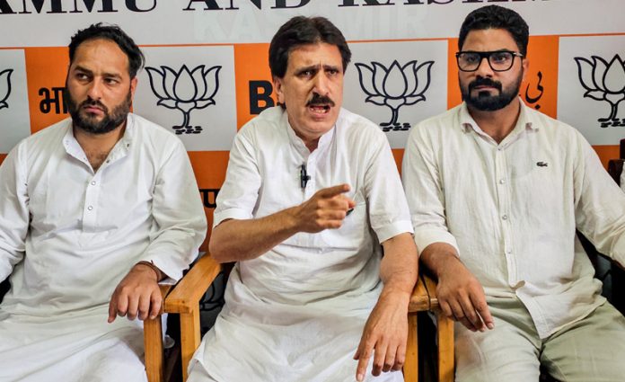 BJP spokesperson, Altaf Thakur during a press conference in Srinagar on Tuesday. -Excelsior/Shakeel