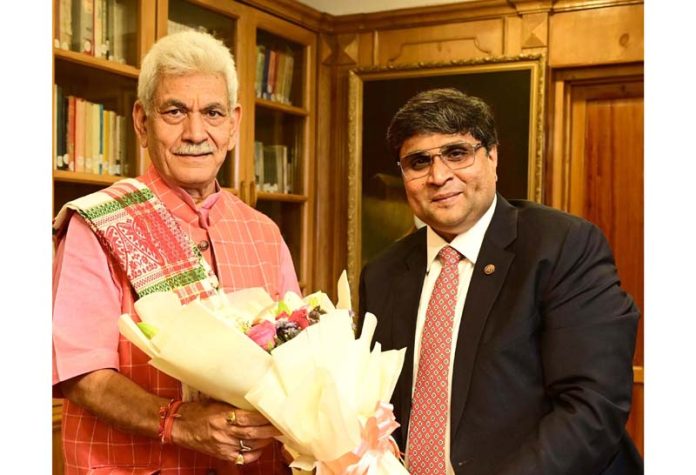 Rahul Sahai, Chairman, Indian Chamber of Commerce Jammu Chapter meeting Lieutenant Governor Manoj Sinha on Tuesday.