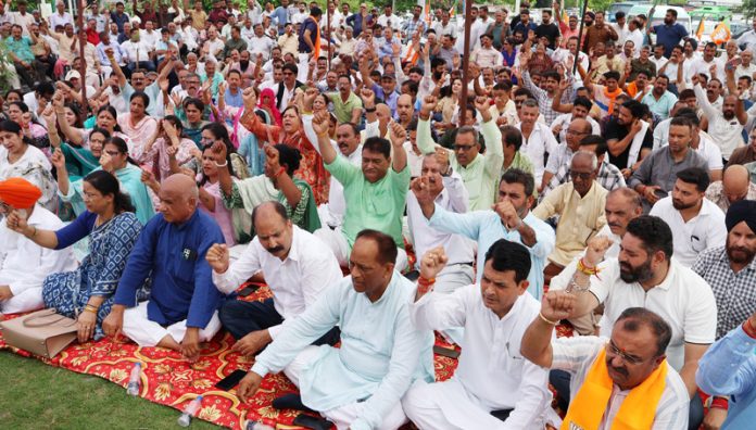 BJP leaders and MLAs raising slogans during a protest in Jammu on Monday. — Excelsior/Rakesh