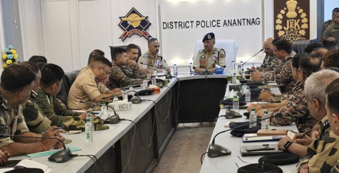 DGP Nalin Prabhat chairing a meeting at DPL Anantnag on Friday.