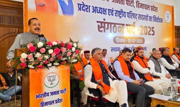 Union Minister Dr Jitendra Singh addressing the BJP Sangathan Parv at Shimla on Tuesday.