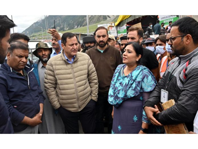 Minister Javid Dar during visit to Baltal on Tuesday.