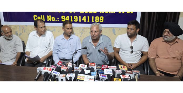 Brig (Rtd), PS Charak, Col (Rtd) Sushil Choudhary and others addressing joint press conference in Jammu. -Excelsior/Rakesh