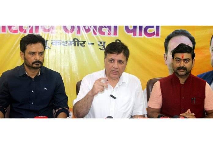 BJP chief spokesperson, Sunil Sethi, along with other party leaders at a press conference at Jammu on Tuesday. -Excelsior/Rakesh