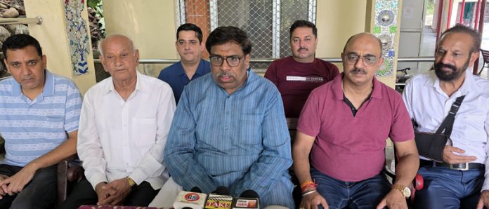 Members of Mata Chintpurni Darbar Welfare Society addressing a press conference at Jammu on Sunday. -Excelsior/Rakesh