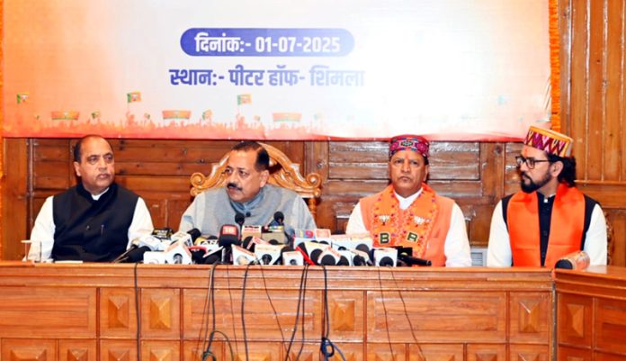 Union Minister Dr Jitendra Singh addressing a press conference at Shimla on Tuesday. Also seen are Jairam Thakur and Anurag Thakur. Union Minister Dr Jitendra Singh addressing a press conference at Shimla on Tuesday. Also seen are Jairam Thakur and Anurag Thakur.