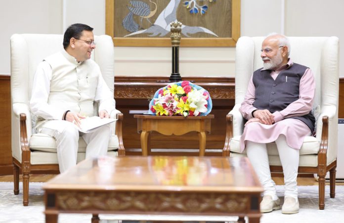 Uttarakhand CM Pushkar Singh Dhami during meeting with PM Narendra Modi on Monday.