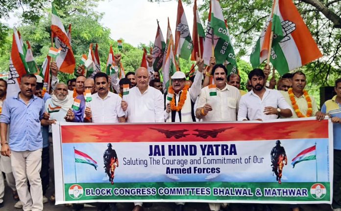 Cong taking out ‘Jai Hind Yatra’ at Amb Gharota in Jammu on Sunday. Cong taking out ‘Jai Hind Yatra’ at Amb Gharota in Jammu on Sunday.