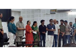 Theatre directors and artists along with organizers during award ceremony of 3-day Dogri Theatre Competition in Jammu.