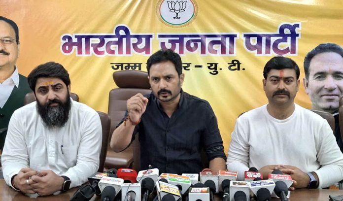 BJP leaders at a press conference at Jammu on Monday.
