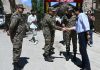 Feroz Ahmad Khan being greeted by Army officers during an event at Batalik on Friday -Excelsior/Basharat Ladakhi