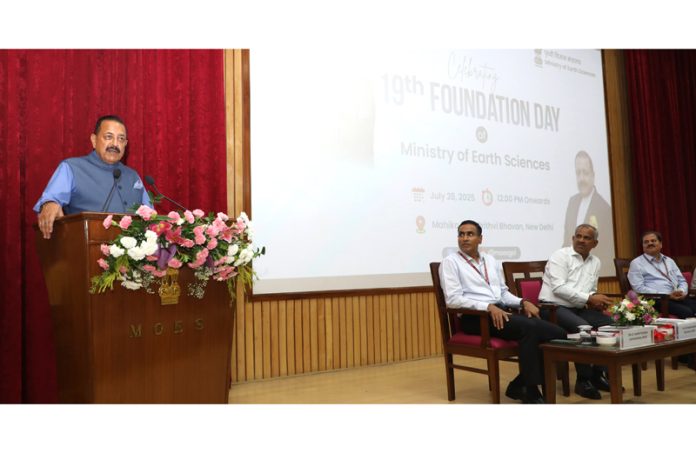 Union Minister Dr. Jitendra Singh addressing the 19th Foundation Day function of the Ministry of Earth Sciences, at Prithvi Bhawan, New Delhi on Monday.