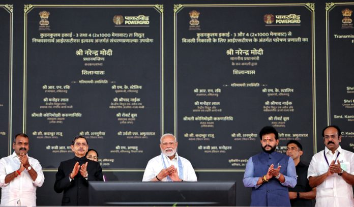 PM Narendra Modi laying foundation stone for Powergrid's transmission system on Tuesday. PM Narendra Modi laying foundation stone for Powergrid's transmission system on Tuesday.