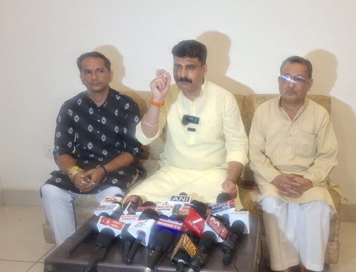 Senior political leader Pawan Khajuria addressing a press conference at Udhampur on Monday. Senior political leader Pawan Khajuria addressing a press conference at Udhampur on Monday.