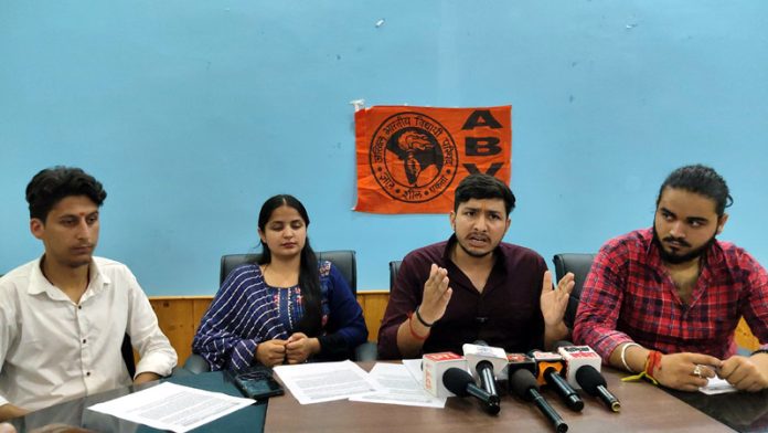 Sanak Shrivats, state secretary of ABVP addressing a press conference on Wednesday. Sanak Shrivats, state secretary of ABVP addressing a press conference on Wednesday.