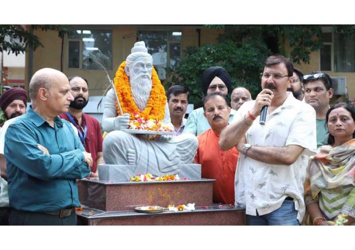 MLA Jammu West Arvind Gupta addressing a gathering at GMC Jammu on Tuesday.