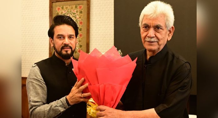 psc PSC chairman Anurag Thakur with LG Manoj Sinha in Srinagar on Saturday.