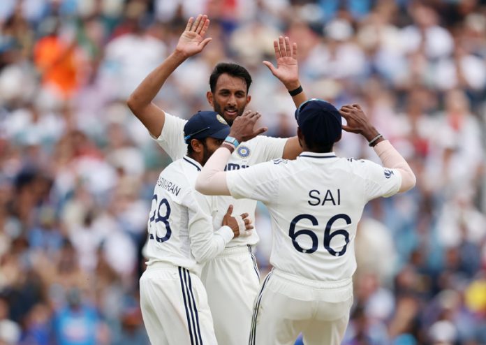 Indian players celebrating after Prasidh Krishna takes a wicket against England on Sunday.