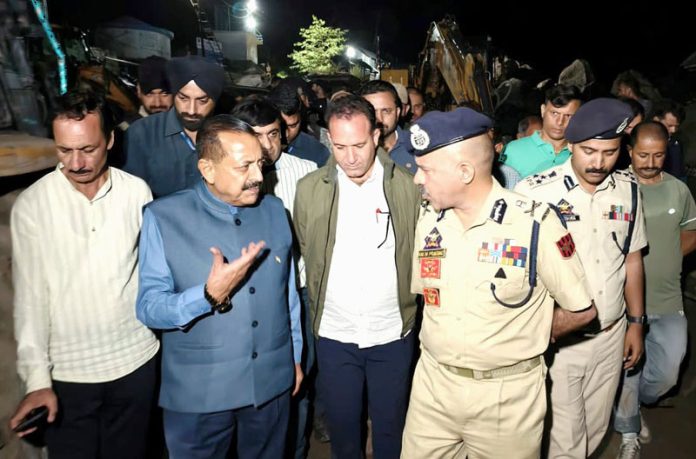 Union Minister Dr Jitendra Singh interacting with officers during his visit to Chashoti village in district Kishtwar on Saturday.