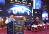Union Minister Dr Jitendra Singh delivering the inaugural address at the National Space Day celebrations at Bharat Mandapam, New Delhi on Saturday. Also seen are four astronauts Group Captains Shubhanshu Shukla, Prasanth B. Nair, Ajit Krishnan and Angad Pratap.