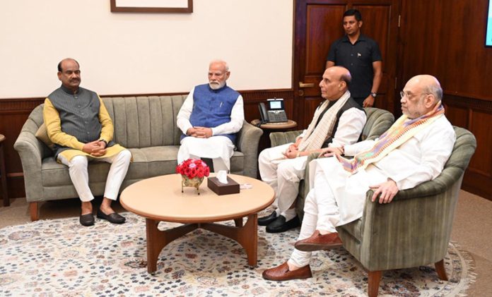 Prime Minister Narendra Modi with Lok Sabha Speaker Om Birla, Defence Minister Rajnath Singh and Union Home Minister Amit Shah at a meeting with NDA leaders in New Delhi on Thursday. (UNI) Prime Minister Narendra Modi with Lok Sabha Speaker Om Birla, Defence Minister Rajnath Singh and Union Home Minister Amit Shah at a meeting with NDA leaders in New Delhi on Thursday. (UNI)
